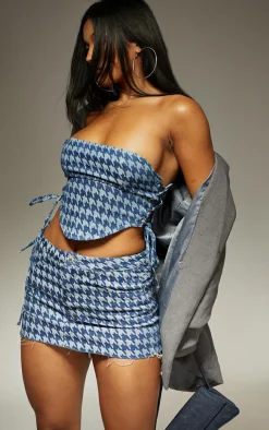 Best PrettyLittleThing Houndstooth Print Raw Hem Denim Micro Mini Skirt Blue