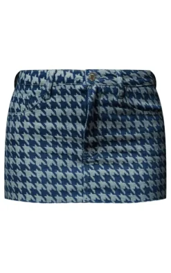 Best PrettyLittleThing Houndstooth Print Raw Hem Denim Micro Mini Skirt Blue