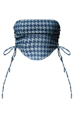 Outlet PrettyLittleThing Houndstooth Print Tie Detail Dipped Hem Denim Corset Top Blue