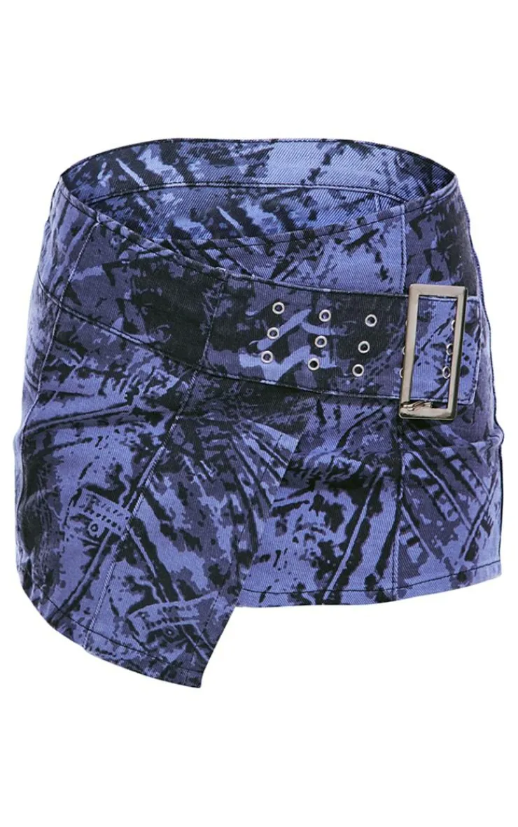 Outlet PrettyLittleThing Jeans Print Belted Micro Mini Denim Skirt Blue