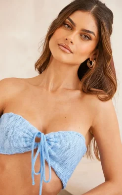 PrettyLittleThing Knitted Cross Over Bralet Blue