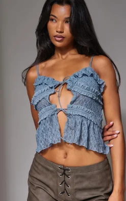 PrettyLittleThing Sleeveless Tops*Lace Ruffle Double Tie Strappy Top