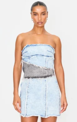 Layered Denim Bandeau Mini Dress-PrettyLittleThing