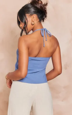 PrettyLittleThing Camisole*Linen Button Detail Halterneck Split Front Longline Cami Top