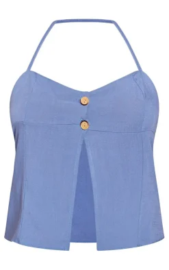 PrettyLittleThing Camisole*Linen Button Detail Halterneck Split Front Longline Cami Top
