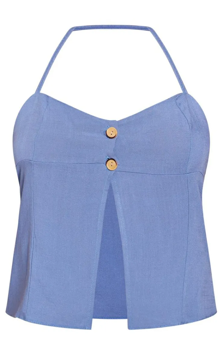 PrettyLittleThing Camisole*Linen Button Detail Halterneck Split Front Longline Cami Top