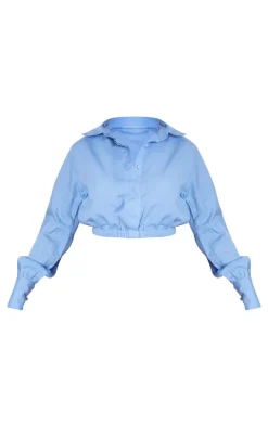 Outlet PrettyLittleThing Linen Look Elastic Waist Button Up Detail Cropped Shirt Blue