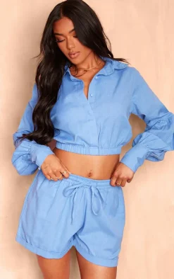 Discount PrettyLittleThing Linen Look Elastic Waist Tie Detail Shorts Blue