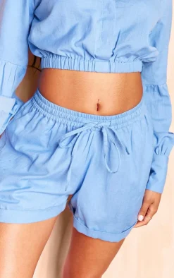 Discount PrettyLittleThing Linen Look Elastic Waist Tie Detail Shorts Blue