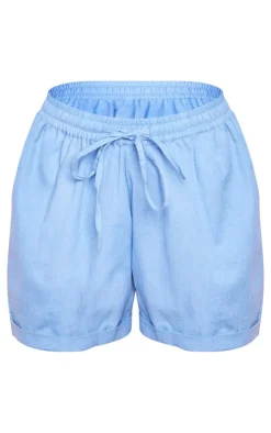 Discount PrettyLittleThing Linen Look Elastic Waist Tie Detail Shorts Blue