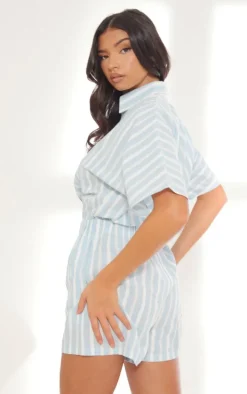Blue Linen Look Pinstripe Button Up Shirt Detail Romper