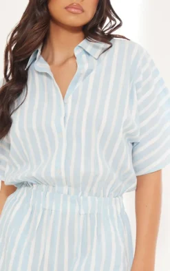 Blue Linen Look Pinstripe Button Up Shirt Detail Romper