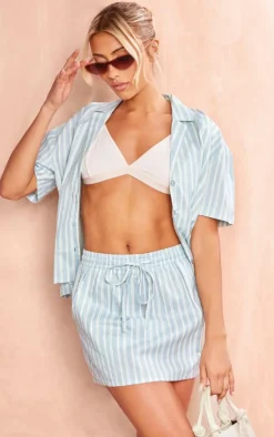 Clearance PrettyLittleThing Linen Look Striped Elastic Waist Mini Skirt Blue