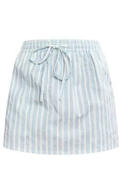 Clearance PrettyLittleThing Linen Look Striped Elastic Waist Mini Skirt Blue