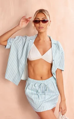 Online PrettyLittleThing Linen Look Striped Oversized Shirt Blue