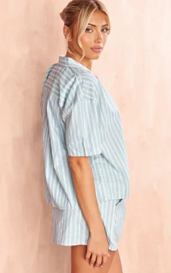 Online PrettyLittleThing Linen Look Striped Oversized Shirt Blue
