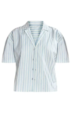 Online PrettyLittleThing Linen Look Striped Oversized Shirt Blue