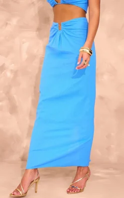 Best PrettyLittleThing Linen Look V Bar Maxi Skirt Blue
