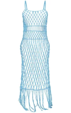 Blue Macrame Tassel Hem Beach Maxi Dress