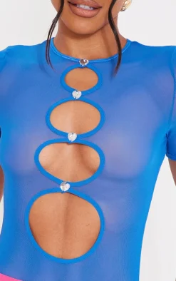 Blue Mesh Cut Out Diamante Bodysuit
