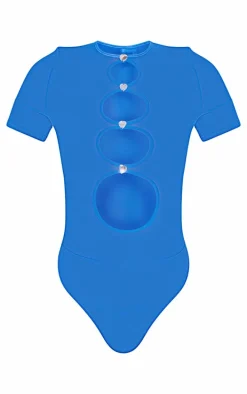 Blue Mesh Cut Out Diamante Bodysuit