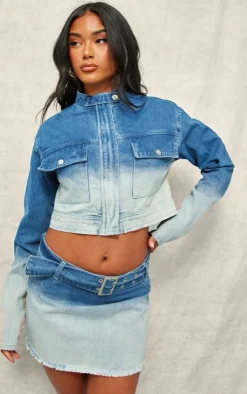 PrettyLittleThing Ombre Denim Belted Mini Skirt Blue