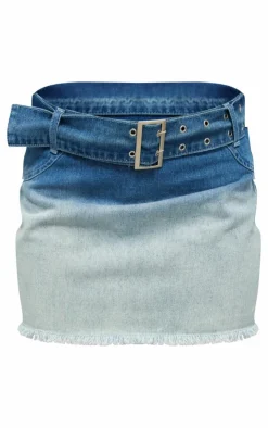 PrettyLittleThing Ombre Denim Belted Mini Skirt Blue