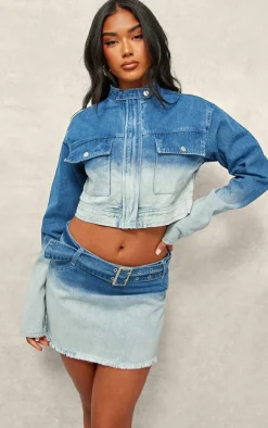 Outlet PrettyLittleThing Ombre Denim Pocket Cropped Jacket Blue