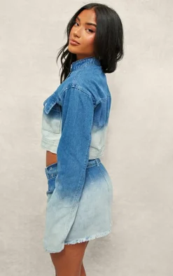 Outlet PrettyLittleThing Ombre Denim Pocket Cropped Jacket Blue