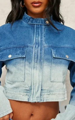 Outlet PrettyLittleThing Ombre Denim Pocket Cropped Jacket Blue