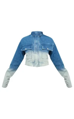 Outlet PrettyLittleThing Ombre Denim Pocket Cropped Jacket Blue