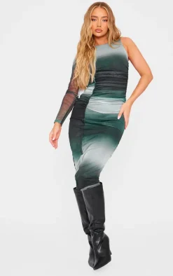 Ombre One Sleeve Ruched Mesh Midi Dress-PrettyLittleThing Hot
