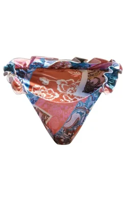 Blue Paisley Print Ruffle Tanga Bikini Bottoms