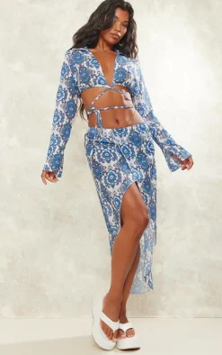 Hot PrettyLittleThing Paisley Print Split Front Midaxi Skirt Blue