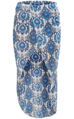 Hot PrettyLittleThing Paisley Print Split Front Midaxi Skirt Blue