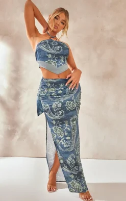 Clearance PrettyLittleThing Paisley Printed Satin Tie Waist Knot Front Midaxi Skirt Blue