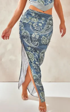 Clearance PrettyLittleThing Paisley Printed Satin Tie Waist Knot Front Midaxi Skirt Blue