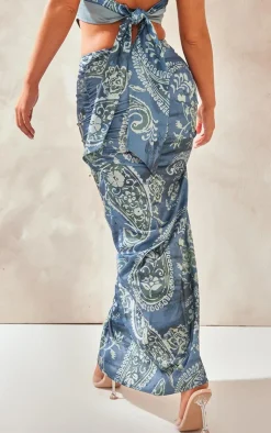 Clearance PrettyLittleThing Paisley Printed Satin Tie Waist Knot Front Midaxi Skirt Blue