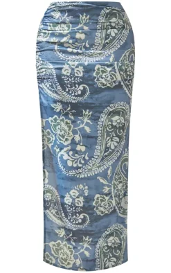 Clearance PrettyLittleThing Paisley Printed Satin Tie Waist Knot Front Midaxi Skirt Blue