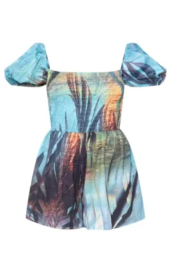 Blue Palm Print Puff Sleeve Shirred Tie Back Romper