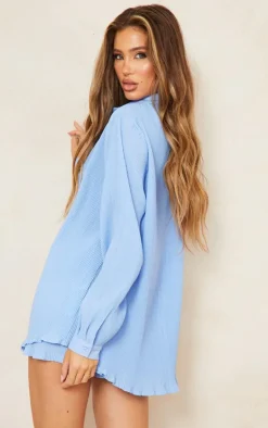 Hot PrettyLittleThing Plisse Button Front Oversized Shirt Blue