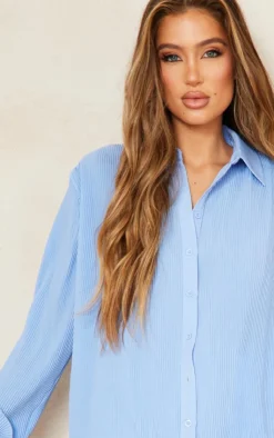 Hot PrettyLittleThing Plisse Button Front Oversized Shirt Blue
