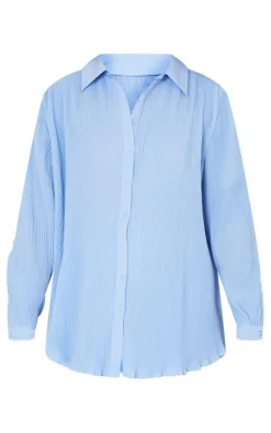 Hot PrettyLittleThing Plisse Button Front Oversized Shirt Blue