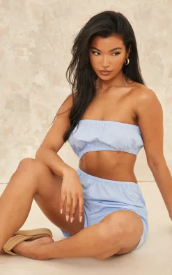 Blue Poplin Bandeau Elasticated Cut Out Romper