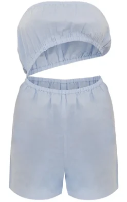 Blue Poplin Bandeau Elasticated Cut Out Romper