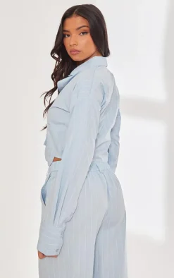 New PrettyLittleThing Poplin Pinstripe Pocket Detail Cropped Shirt Blue