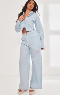 Discount PrettyLittleThing Poplin Pinstripe Tailored Wide Leg Pants Blue