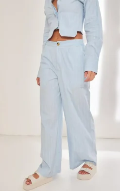 Discount PrettyLittleThing Poplin Pinstripe Tailored Wide Leg Pants Blue