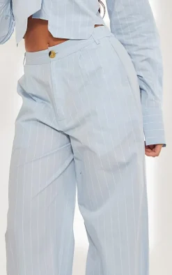 Discount PrettyLittleThing Poplin Pinstripe Tailored Wide Leg Pants Blue