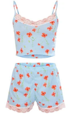 Blue Poppy Print Lace Trim Short Pj Set